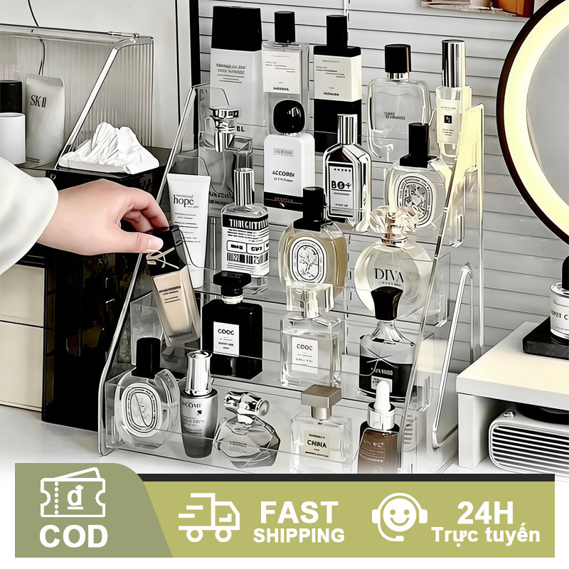 Kệ đựng mỹ phẩm nhiều tầng acrylic trong suốt thang phân cấp đựng nước hoa son môi để bàn trang điểm decor