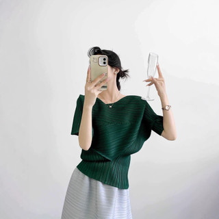 Miyake Áo Thun Nữ Cổ Tròn Tay Ngắn, Mỏng Nhẹ Phong Cách Rời, Phù Hợp Mùa Hè