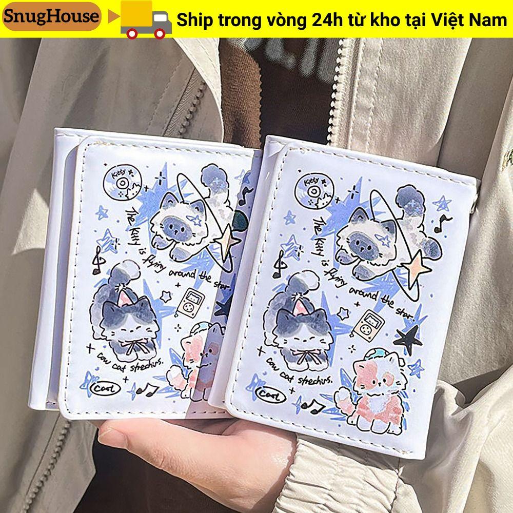 SNUGHOUSE Ví Đựng Tiền Xu, 3 Gấp Da PU Thẻ Tín Dụng Holoder, Vintage Dễ Thương Mèo Con Chó INS Phong Cách Ví Đựng Thẻ Cho Bé Gái Học Sinh Quà Tặng