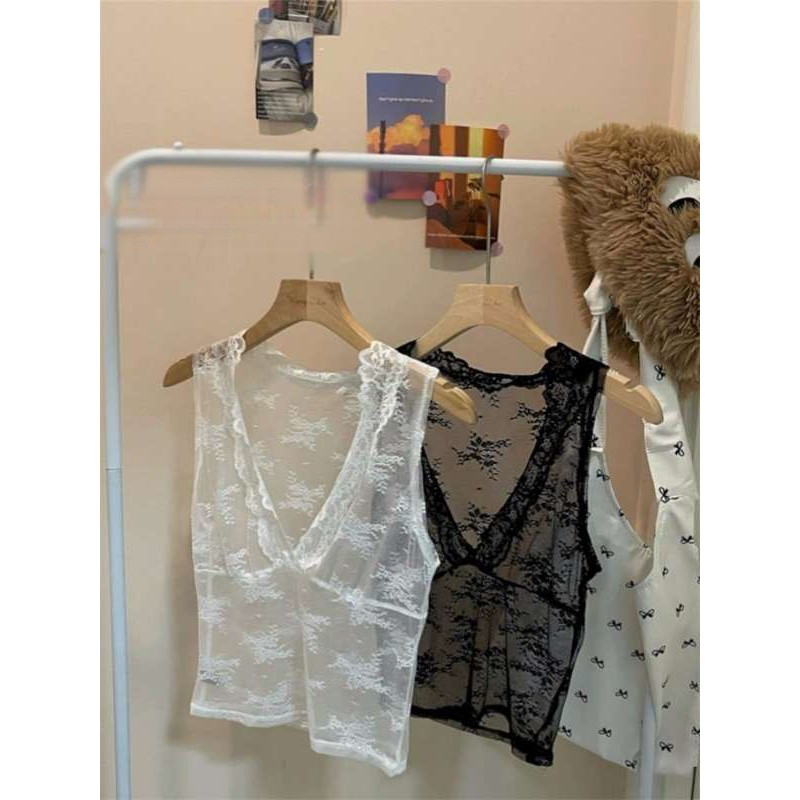 Milyfashion Gợi Cảm Nguyên Chất Desire Phong Cách Trắng Cổ Chữ v Ren Áo Vest Nữ Mùa Hè Không Tay Nhìn Xuyên Qua Top Lớp