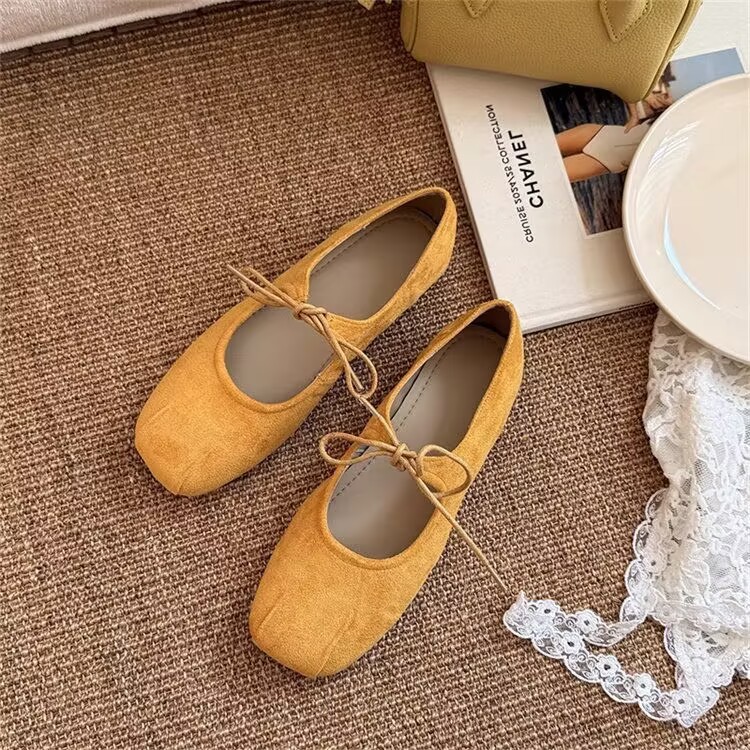 Giày Mary Jane buộc dây, đế ba lê da lộn dành cho nữ, giày đế mềm nông thoải mái thông thường