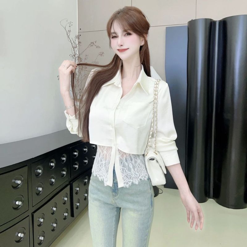 Pháp Ren Khâu Trắng Dài Tay Áo Sơ Mi Nữ Xuân Thu Thu Thiết Kế Hẹp Niche Dây Đeo Sang Trọng Tính Khí Hàng Đầu