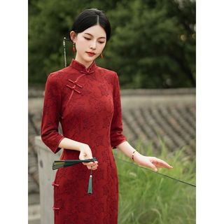 Váy sườn xám dài vừa phải cho Nữ màu đỏ, thanh lịch và ôm dáng, sang trong cao cấp