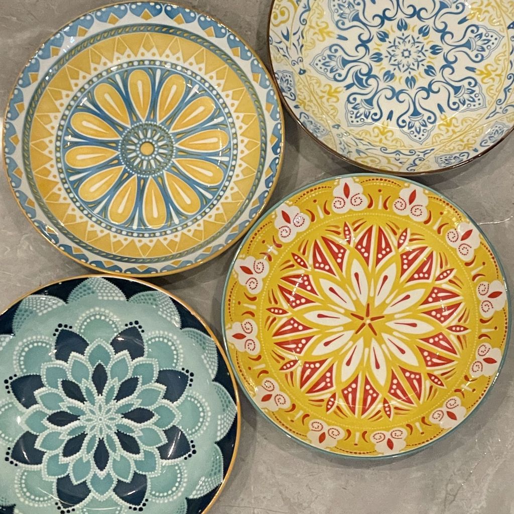 ❤️Bán chạy❤️Bốn Gói 8.15 Inch Bohemian Underglaze Đĩa Màu Súp Sâu Đĩa Cơm Gốm Bộ Đồ Ăn Hộ Gia Đình