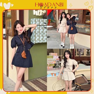 Set đồ bộ , Set áo croptop cổ tròn tay ngắn buộc eo kèm chấn váy chữ A