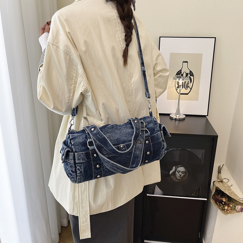 ANCO 2026 Túi xách phụ nữ Hàn Quốc Phong cách Vintage Denim Gối Túi có thể giặt nách xách tay Túi xách đơn giản Túi xách phụ nữ có thể mặc