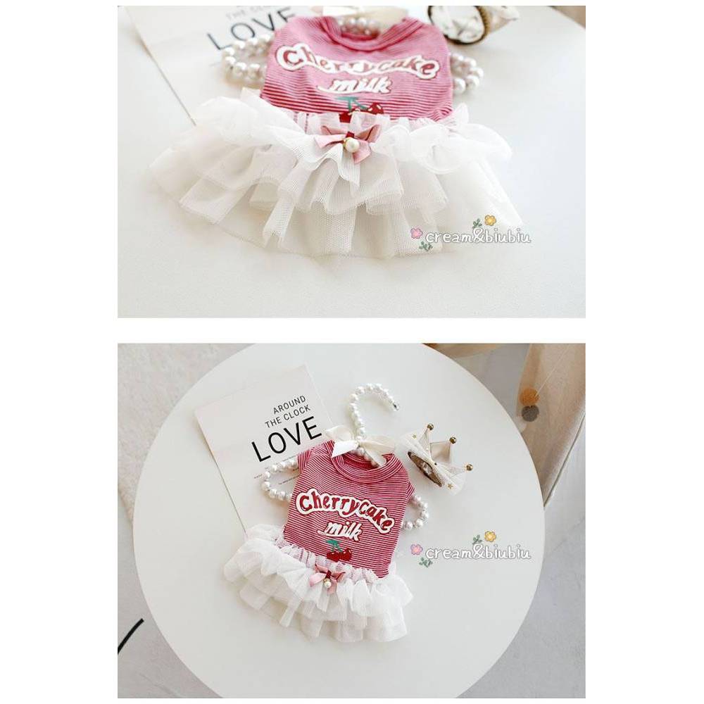 【Ready Stock】 Pet Dog Cat Clothes Spring/Summer Thin Breathable Red Striped Cherry Vest Dress Couple Clothes Bichon OyPy
