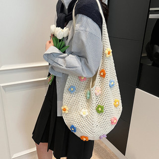 Túi Tote Dệt Ren Hoa 3D Phong Cách Bohemian, Túi Đi Biển Dạng Lưới Rỗng Đeo Vai Thời Trang Mùa Hè