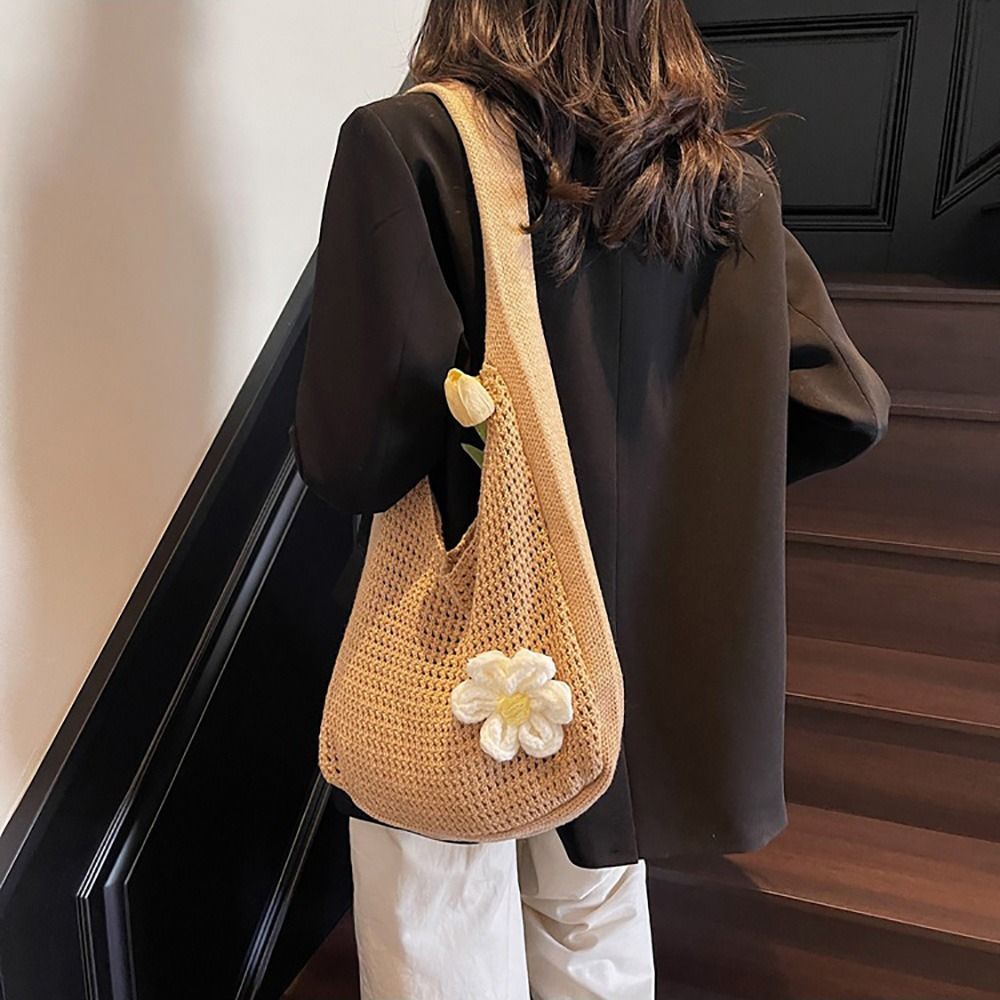 Túi Tote HOBBYIN, Túi xách đi biển rỗng dung tích lớn, Túi mua sắm hoa Kaki màu be phong cách lười biếng hợp thời trang mùa hè