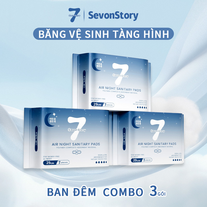 【SevonStory ⑦】Combo 3 gói ban đêm Băng vệ sinh  290mm (7 miếng/gói), tích hợp chip bạc hà mát lạnh dễ chịu. Hương hoa tinh tế, thơm nhẹ ,lưu hương lâu . Chất liệu mềm mại, thấm hút nhanh, chống tràn hiệu quả. Băng vệ sinh tàng hình .