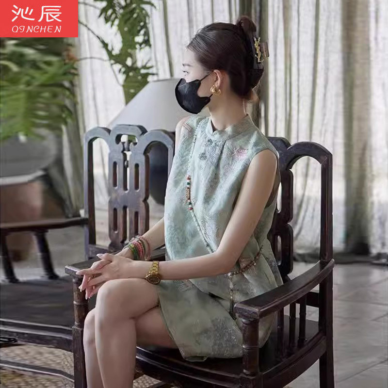 Đầm Qipao phong cách Trung Quốc mới cải tiến, kiểu dáng cổ điển, mùa hè, size lớn, áo ghi lê không tay thêu hoa dài