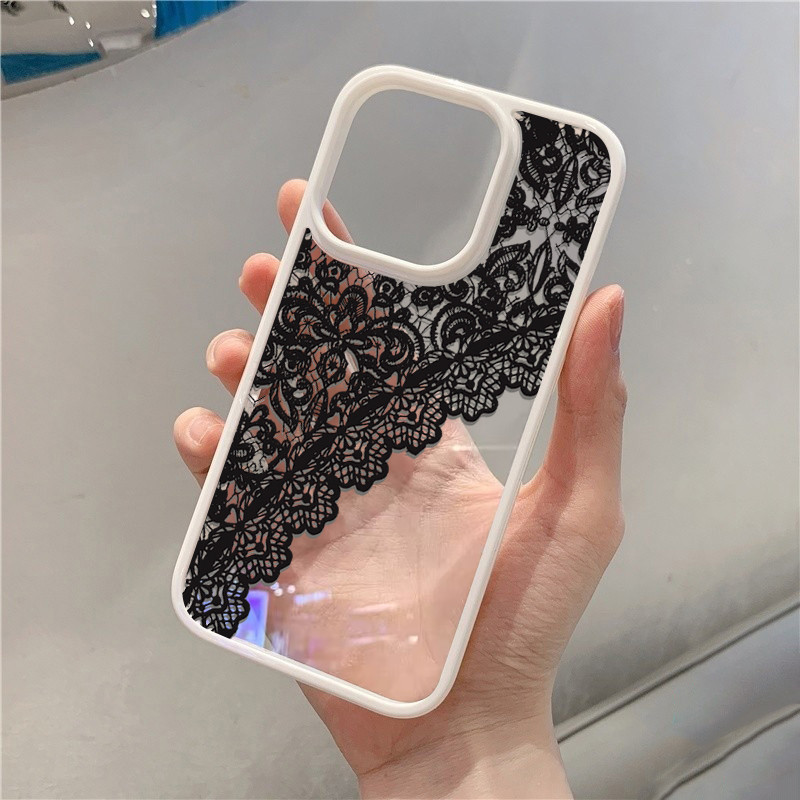 Ốp Lưng Cho iPhone 11 16 15 Pro 17 Max 16e 14 11 12 13 15 Pro XR XS Max X 7 8 Plus SE2022 Họa Tiết Ren Đen Trong Suốt Chống Sốc