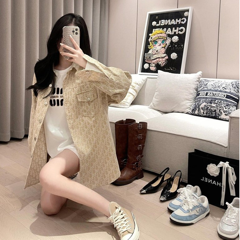 Thiết kế sáng tạo Công nghiệp nặng In đầy đủ Kim cương nóng Áo sơ mi Denim Áo khoác nữ dáng rộng thường ngày