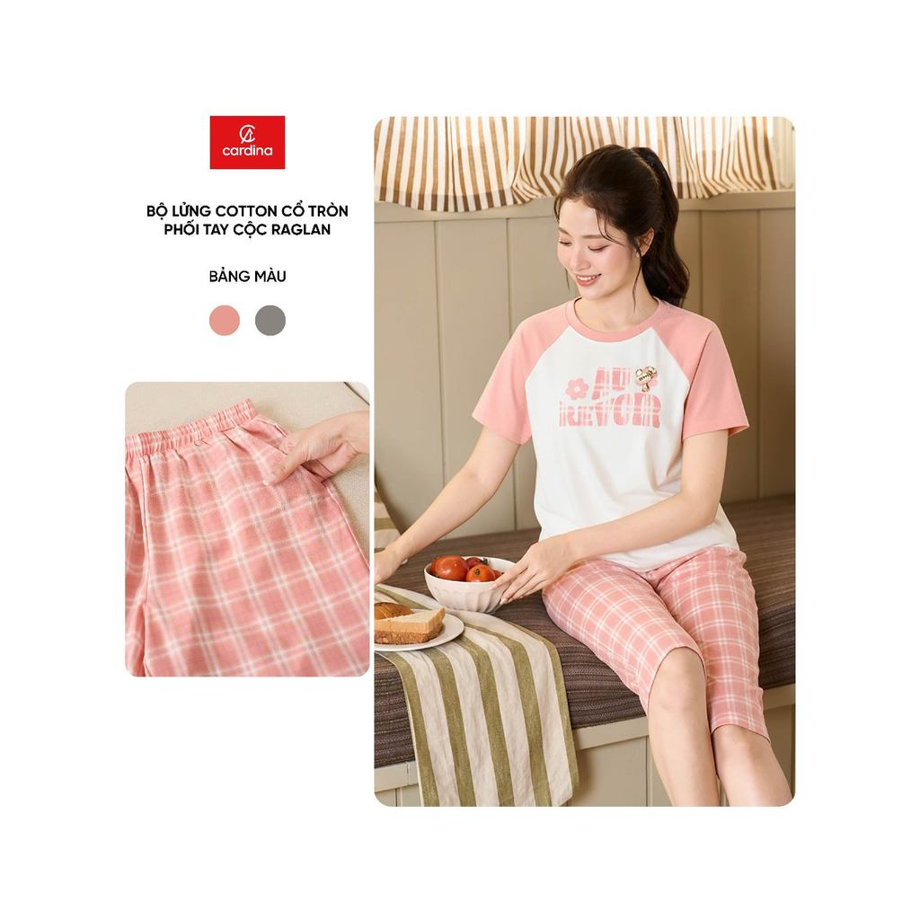 Đồ bộ nữ CARDINA chất cotton cổ tròn phối tay raglan quần thô lửng 6BCL01