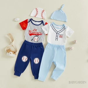 Bộ quần áo bóng chày cho bé trai Bộ áo liền quần ngắn tay in hình có mũ quần