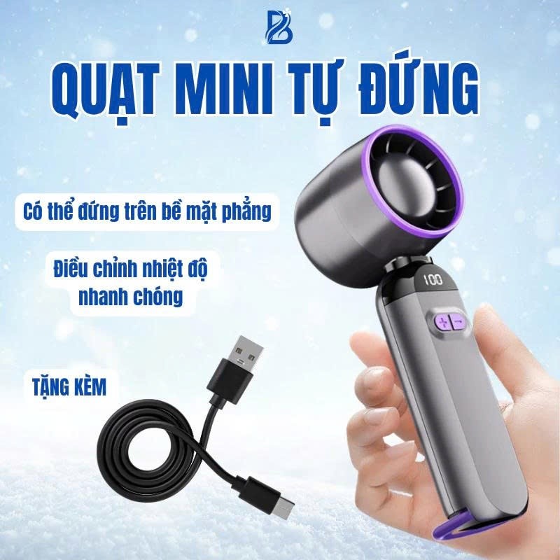 Quạt Cầm Tay FS-F85 Mini Turbo 100 Tốc Độ Gió Mạnh LED Hiển Thị Sạc USB Có Chân Đế Để Bàn Gấp Gọn