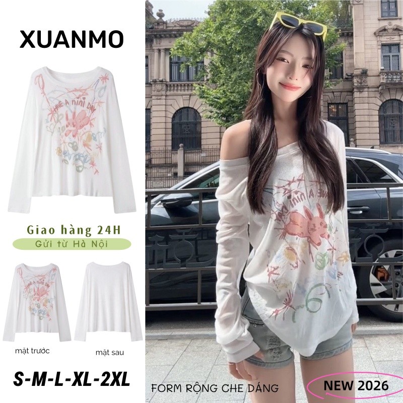 XUANMO Áo Thun Nữ Dài Tay Mỏng Nhẹ Chống Nắng Thoáng Mát Form Rộng Phong Cách Hàn Quốc