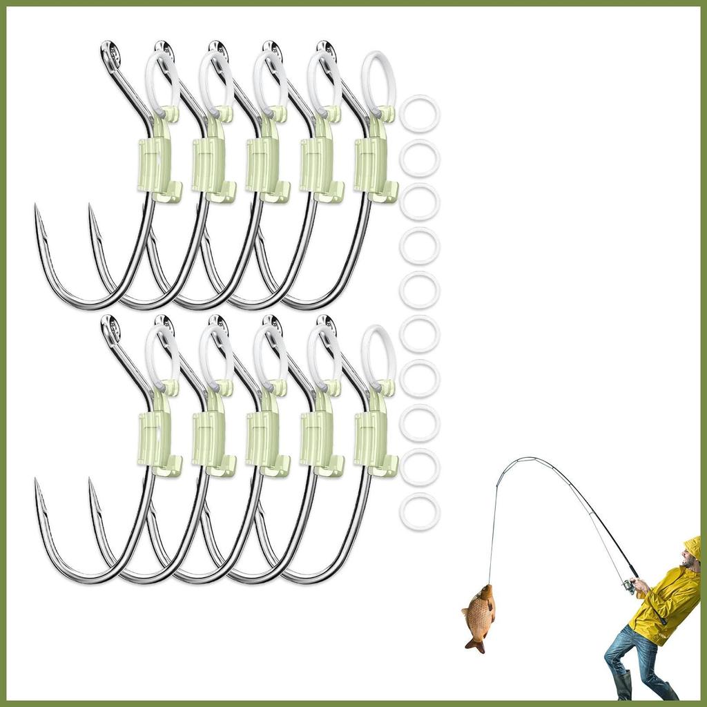 Móc câu tôm dạ quang bộ 10 chiếc, thép carbon, có lỗ đựng muối
