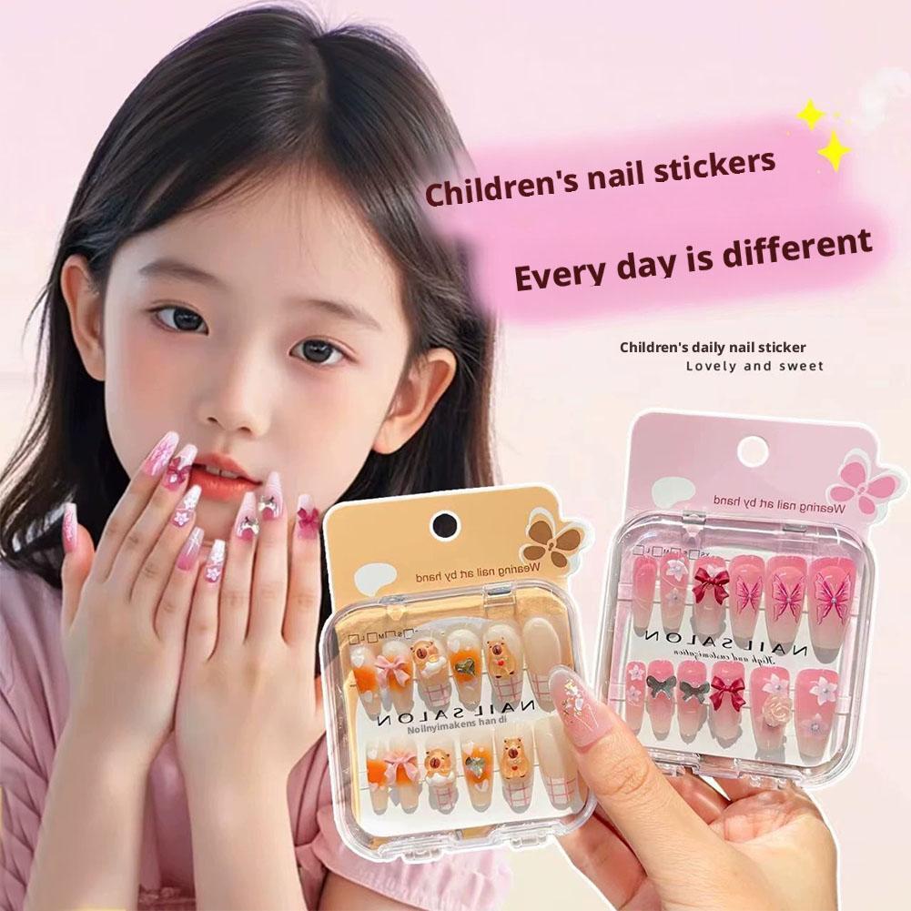 Móng tay giả dài kiểu Pháp hoạt hình dễ thương 10 móng cho trẻ em N6