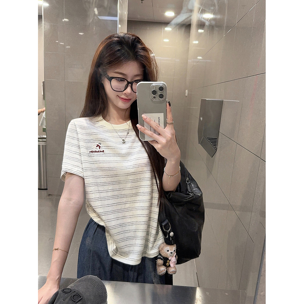 SUXI Áo thun nữ sọc nhẹ nhàng, thoáng mát mùa hè 260331