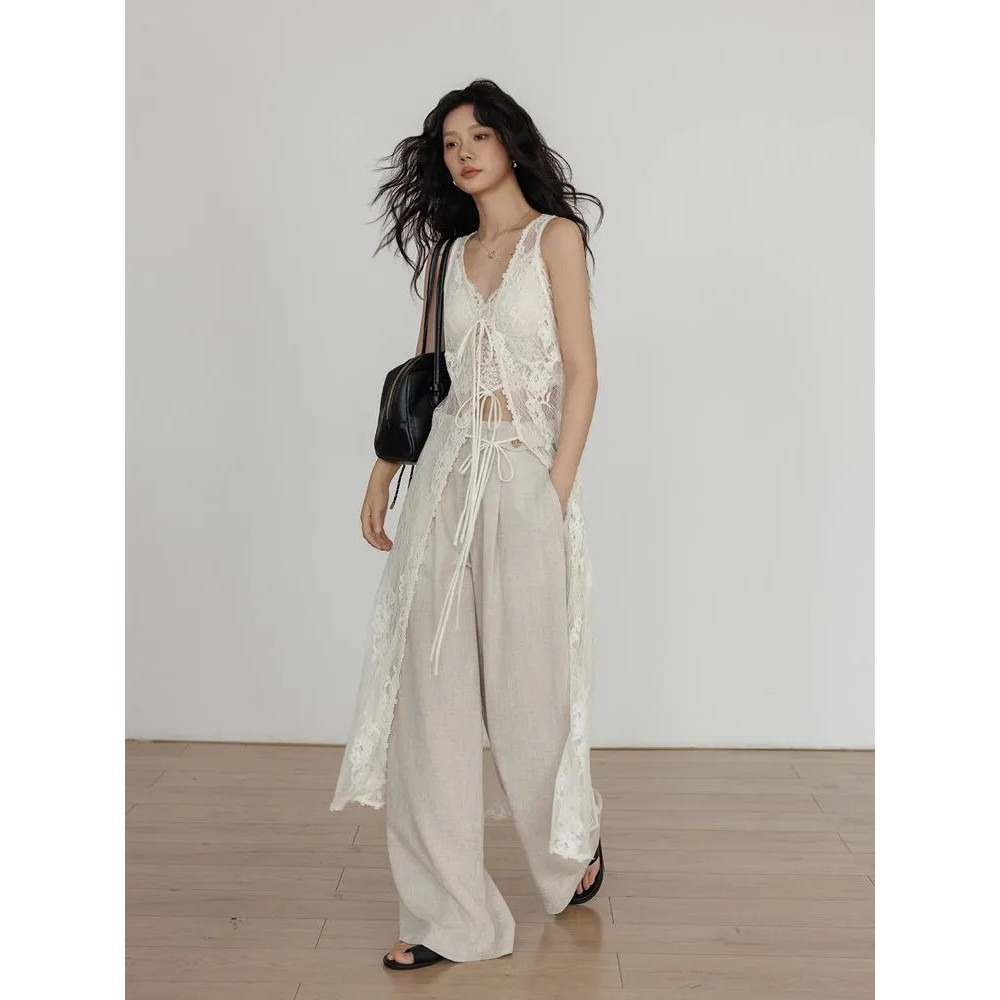 Milyfashion Ren Dài Sau Đầm Mùa Xuân Phong Cách Mới Lớp Tất Cả Trận Đấu Phối Ren Cardigan Du Lịch Kỳ Nghỉ