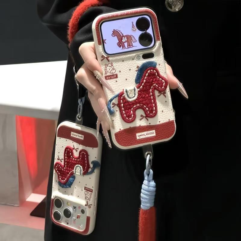 Pony thêu Thích hợp cho Apple 17PM Vỏ điện thoại năm mới Thu đông Xiaomi Huawei P70 Vỏ bảo vệ