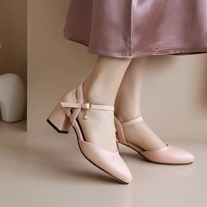 VNMZGG34-39 Kích Thước Lớn Dây Đeo Khóa Phẳng Ngọc Trai Mặt Dây Chuyền Trang Trí Bên Rỗng Nông Miệng Giày Vuông Gót Mũi Nhọn Đậu Hà Lan Giày Nữ