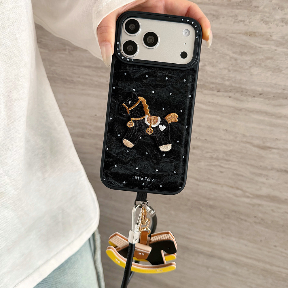 Ốp Điện Thoại Nhung Cao Cấp Thêu Ngựa 3D Cho iPhone 17 Pro Max 16 15 14 13 Vỏ Bảo Vệ Chống Sốc