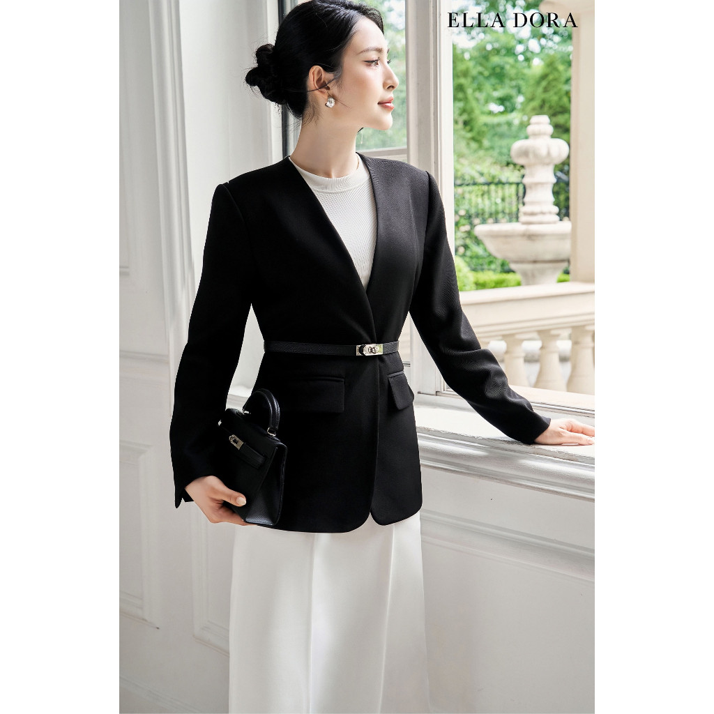 Blazer nữ ELLA DORA thiết kế cổ không ve dáng suông thanh lịch hiện đại 3 màu ĐỎ/ĐEN/BE [V25]