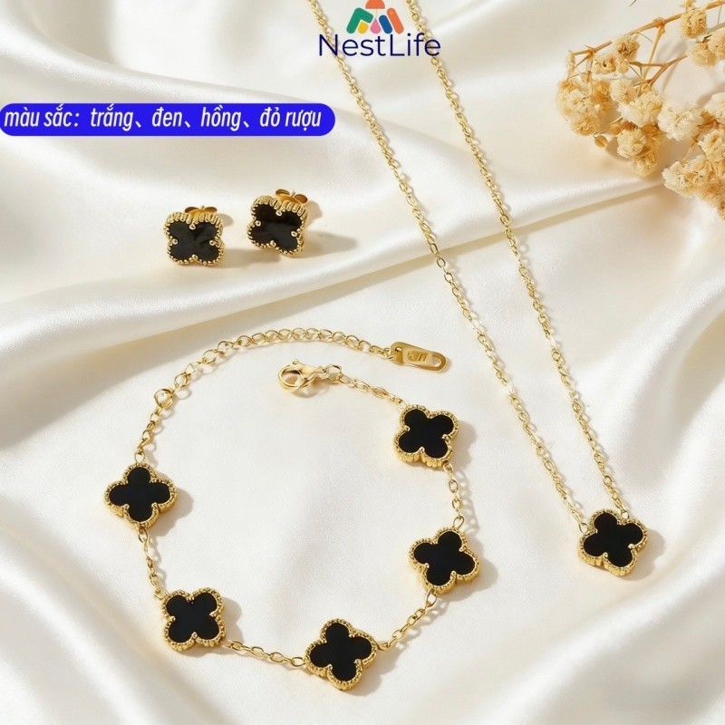 Bộ trang sức bốn lá may mắn: thép titan mạ vàng 18K, 4 màu – vòng cổ, tay, khuyên tai, thời trang