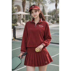 Set đồ thể thao nữ áo gió dài tay phối chân váy cạp cao năng động tập pickleball, tennis..