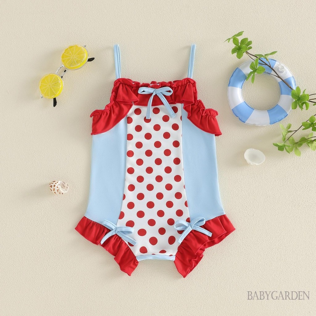 1-5 Tuổi Trẻ Em Bé Gái Đồ Bơi Thời Trang Chấm In Màu Sắc Tương Phản Xù Viền Trang Trí Nơ Bé Gái Đồ Bơi