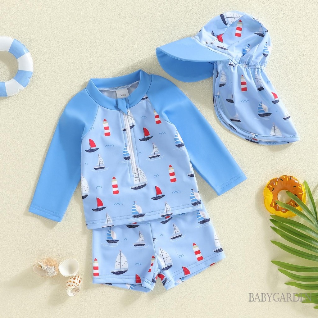 0-5years Trẻ Em Bé Trai 3 Cái Rash Guard Đồ Bơi Tay Dài Cá Mập / Thuyền Thuyền Thuyền In Đồ Tắm Đồ Bơi Có Mũ
