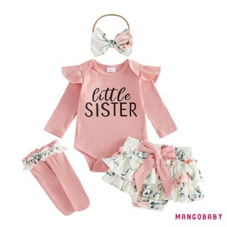 MG-Baby Girl Fall Trang Phục In Chữ Áo Liền Quần Dài Tay Nơ Lớp Váy Xù Nơ Băng Đô Và Vớ 4 Bộ