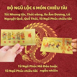 [Mẹo Cô Phương Hằng] Bộ Ngũ Lộc 6 Món – Túi Nhung - Thanh Vỏ Quế - Xu Ngũ Đế - Vàng Thỏi Và Tờ Ngũ Phúc Có Khai Quang