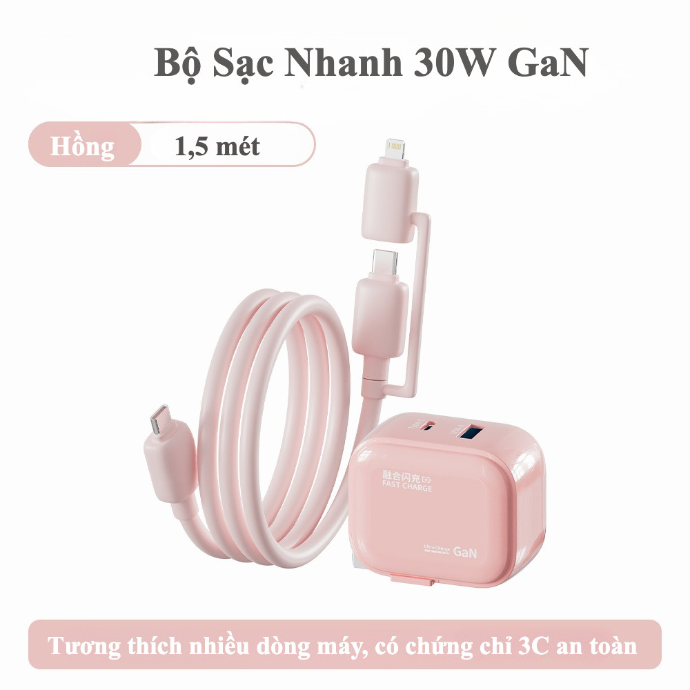 Bộ sạc nhanh GaN 30W Basemo, sạc nhanh 2 in 1, tương thích với nhiều dòng điện thoại, bảo hành 6 tháng