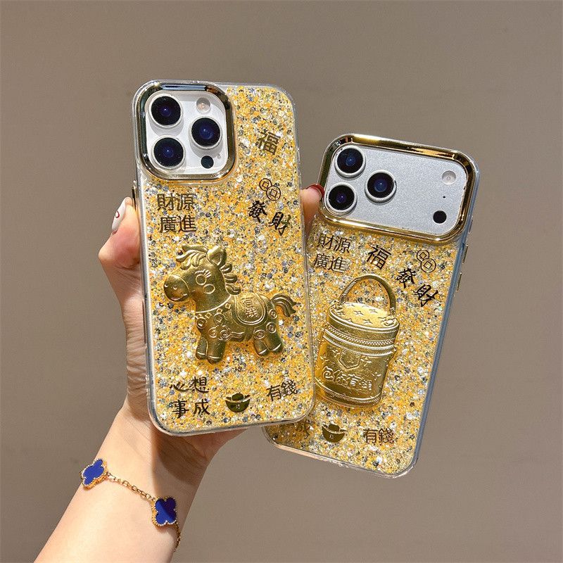 Ốp lưng iPhone hình ngựa 3D lấp lánh vàng phù hợp cho iPhone 17 Pro Max, iPhone 17 16 15 14 13 12 11