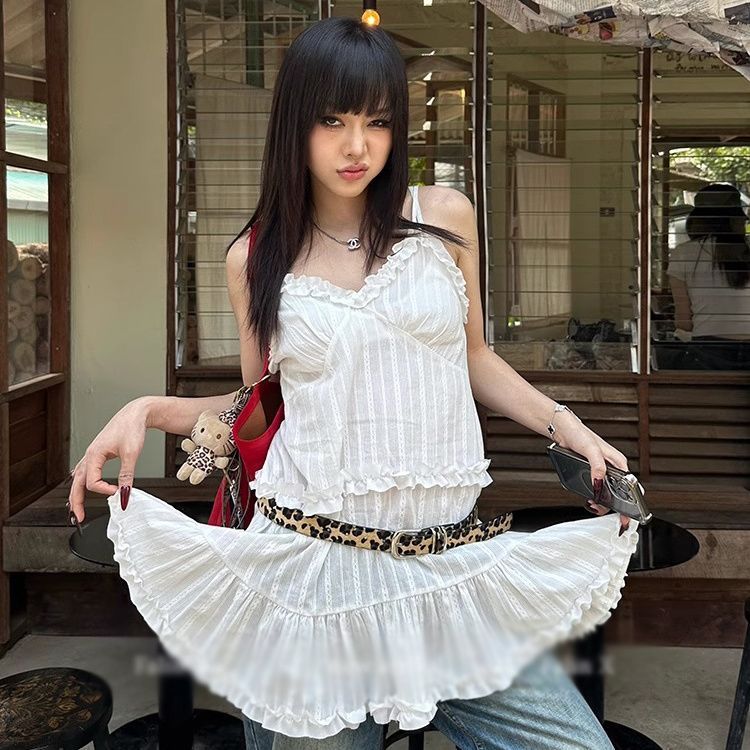 Váy đeo chéo sọc trắng Milyfashion Y2K Phong cách mới Slimer Look Váy ngắn xếp lớp thời trang
