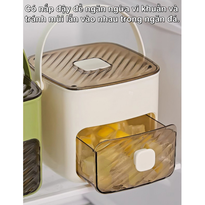 Hộp làm đá viên 2 tầng di động, tay cầm tiện lợi, nhấn lấy đá siêu nhanh, chất liệu PP cao cấp