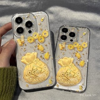 Túi May Mắn Lá Vàng Tinh Tế Sang Trọng Trong Suốt Sáng Tạo Thời Trang Ốp Lưng Điện Thoại Thích Hợp Cho iPhone 17promax 15promax 16pro 14 Chống Sốc 12plus 11promax 13plus 7plus 15 Ốp Chống Sốc