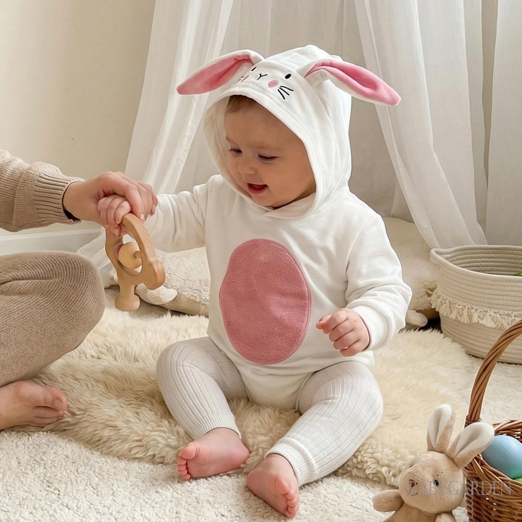 Trang phục chú thỏ Phục sinh cho bé | Áo liền quần có mũ trùm đầu dài tay có tai thỏ 3D cho 0-18 tháng