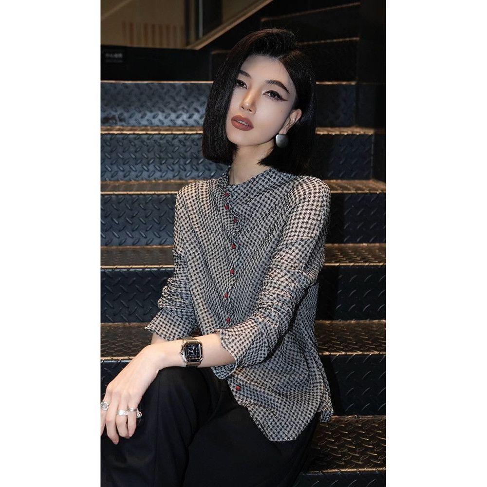 [Giảm giá 50%] Áo sơ mi houndstooth cổ đứng dành cho nữ - Tay dài, dáng ôm, phù hợp thu đông