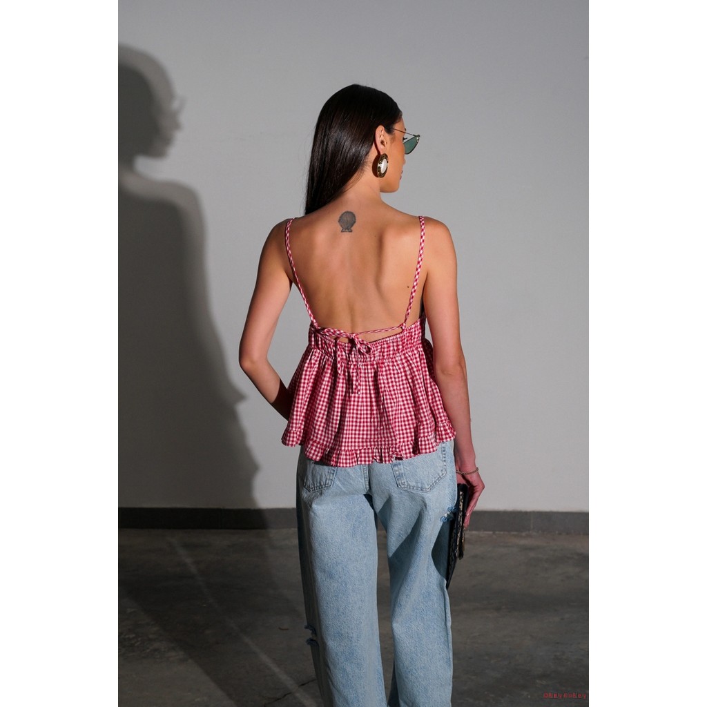 OKDK - Babydoll Tank Top Mùa Hè Kẻ Sọc V-Neck Spaghetti Strap