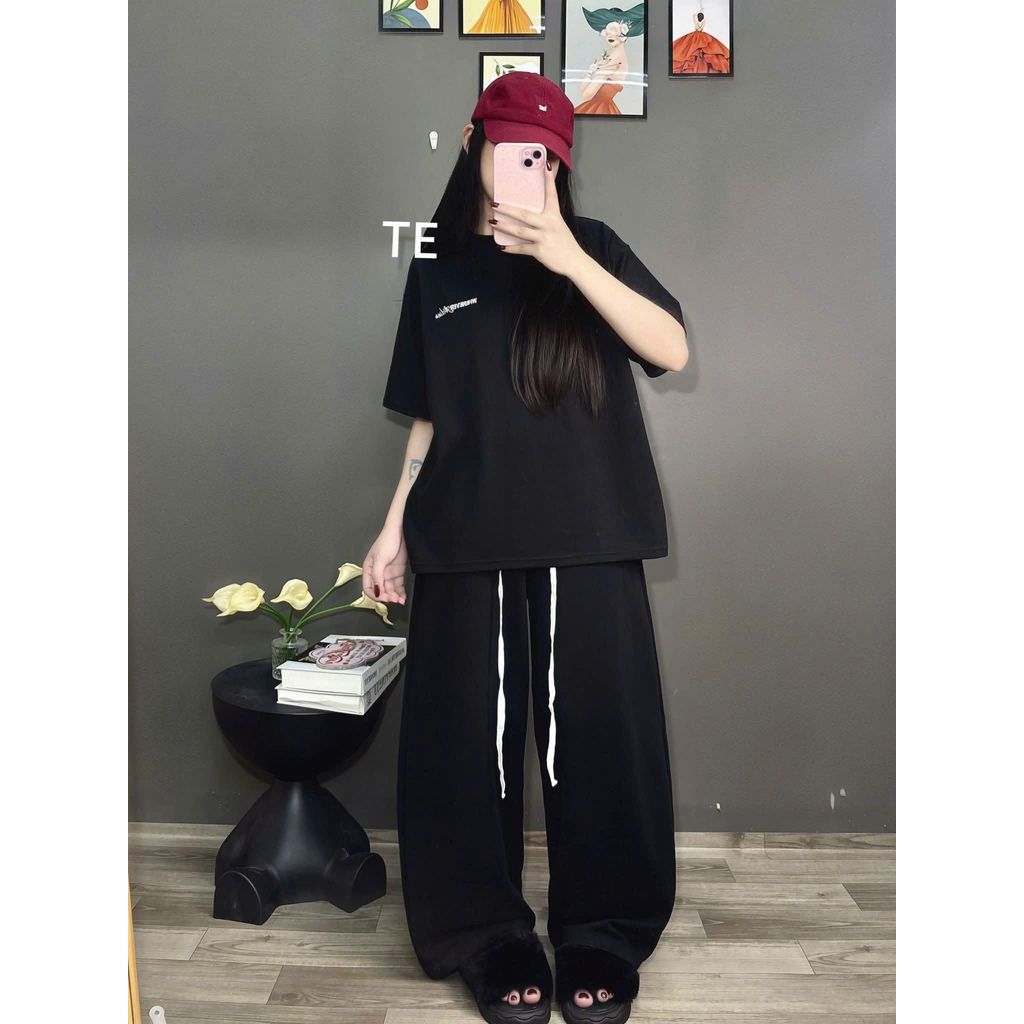 sét bộ quần da cá dáng dài dây to + phối áo phông form rộng tay lỡ unisex chữ OFFICAL HALLOWWEN