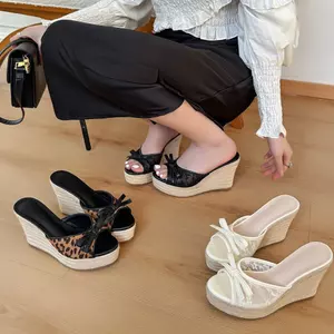 TT Nêm Gót Sandal Dép Nữ Mùa Hè Đế Dày Gai Dây Bện Nơ Cao Gót