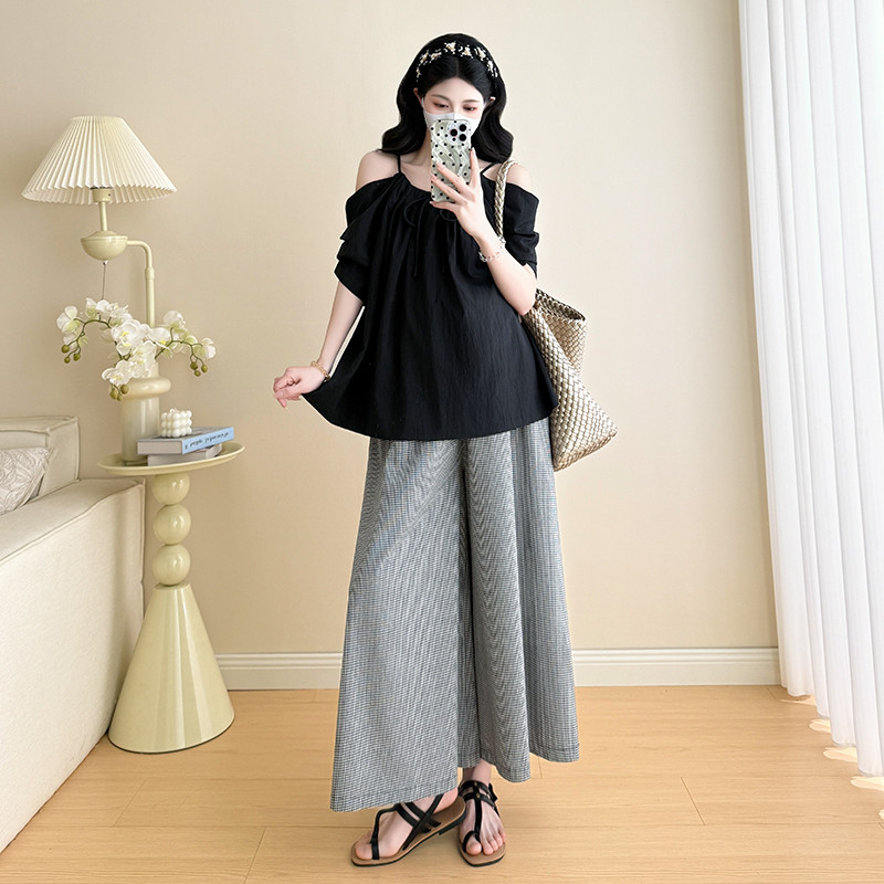 Bộ đồ bà bầu mùa hè tay ngắn, nút mũi lợn, quần ống rộng