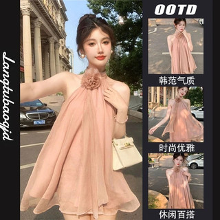 Hoa Ba Chiều Màu Cam Tính Khí Voan Ngắn Tay Cổ Dây Đầm quây Bé Gái Pháp Ngọt Ngào Phong Cách Nhẹ Nhàng Ngọt Ngào Váy Ngắn Cổ Tích
