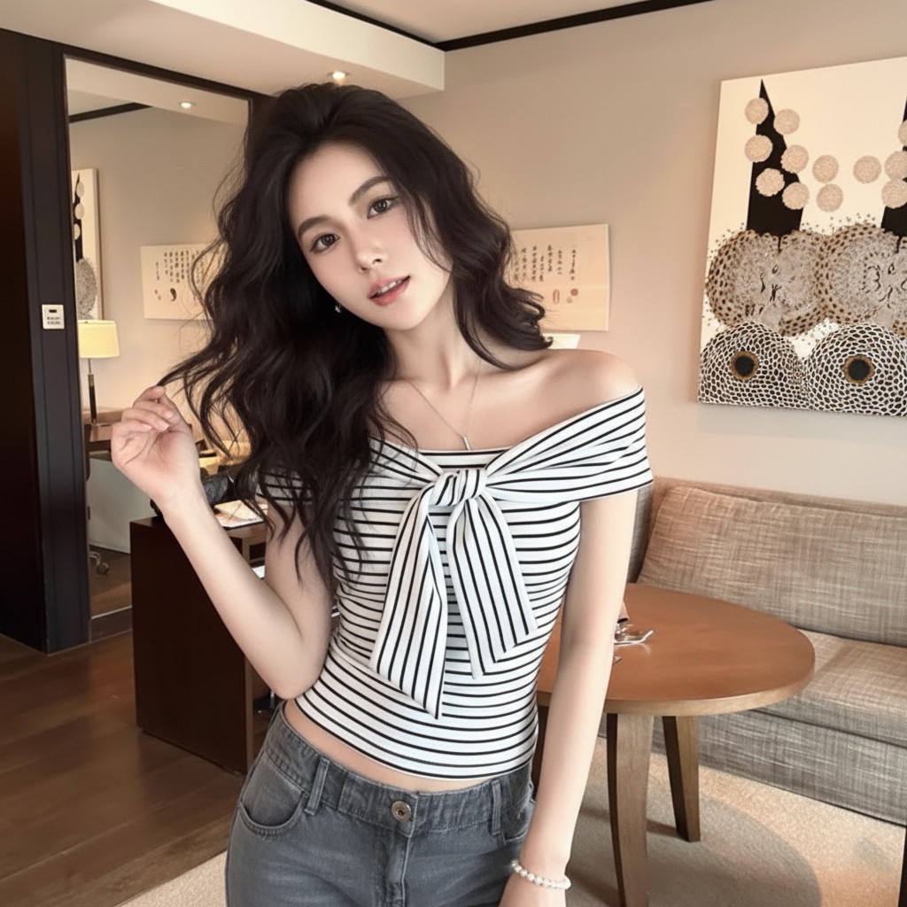 Áo Thun Trễ Vai Nữ Kẻ Sọc  Kiểu Xoắn Thắt Nơ Ngực A51507