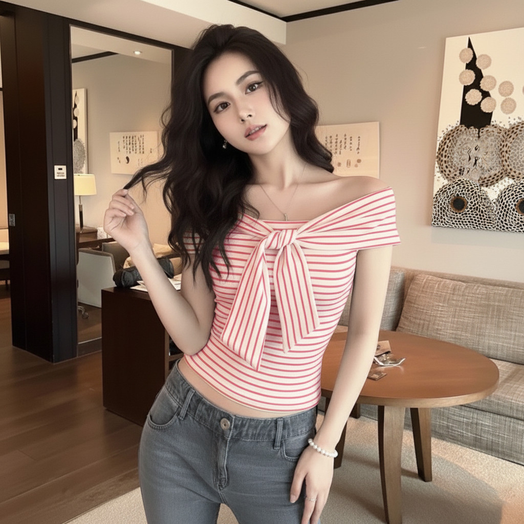 Áo Thun Trễ Vai Nữ Kẻ Sọc  Kiểu Xoắn Thắt Nơ Ngực A51507