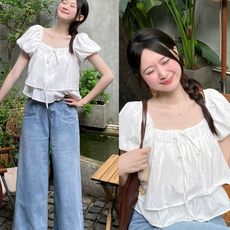 Áo Vai Chun Tay Bồng 2 Tầng Nơ Cổ Dáng Lửng A3090 Bigsize